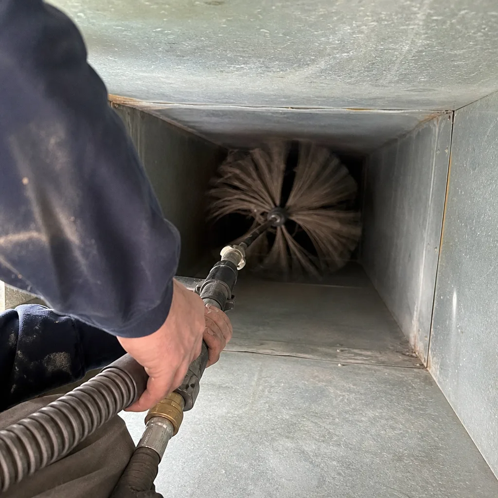 Professional air duct cleaning technician using a motorized rotary brush tool.
