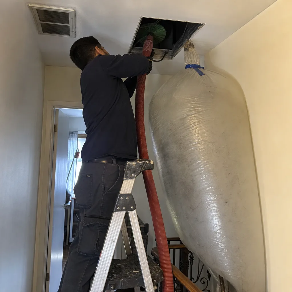 Technician using professional vacuum equipment for residential air duct cleaning