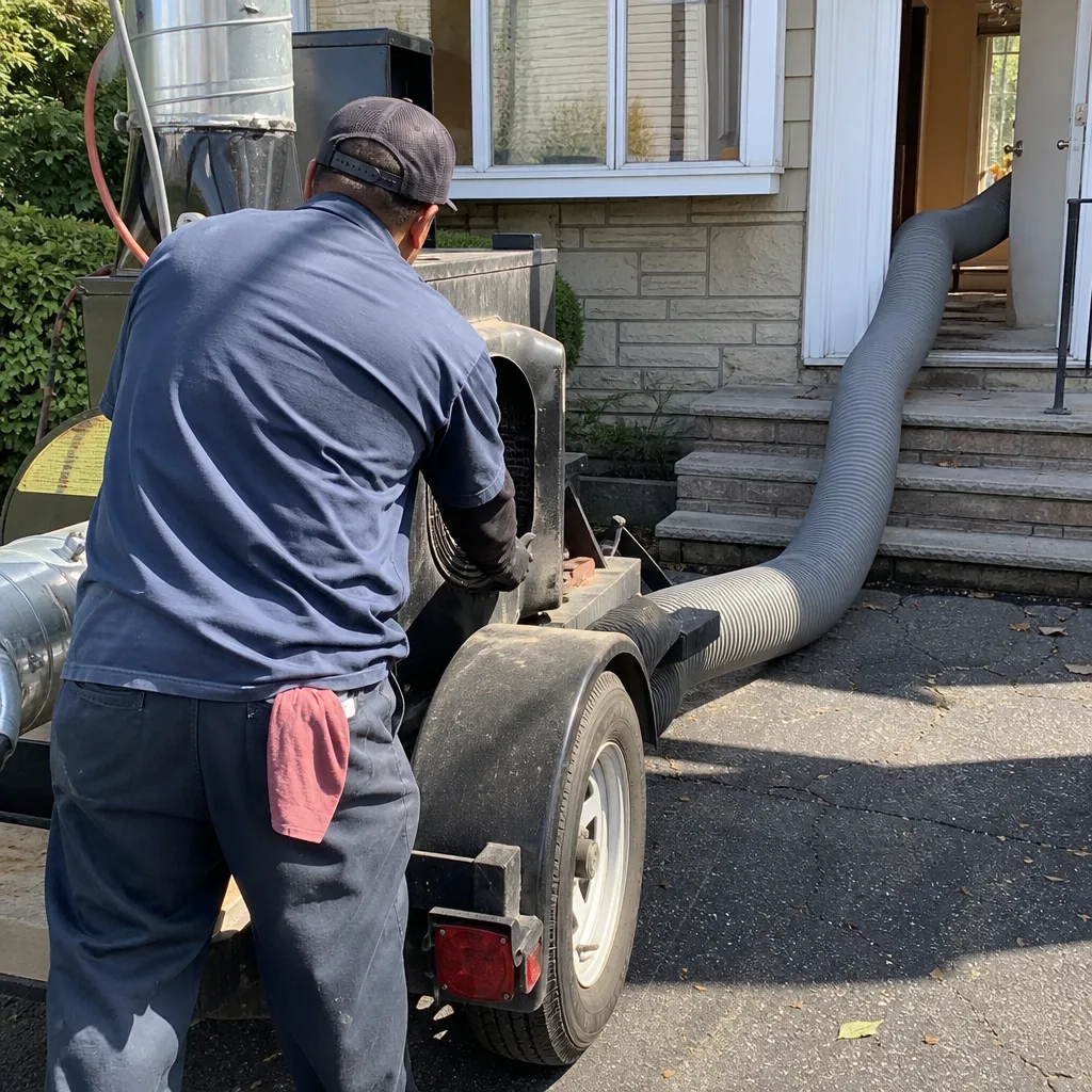 Technician using professional air duct cleaning equipment at a residential home