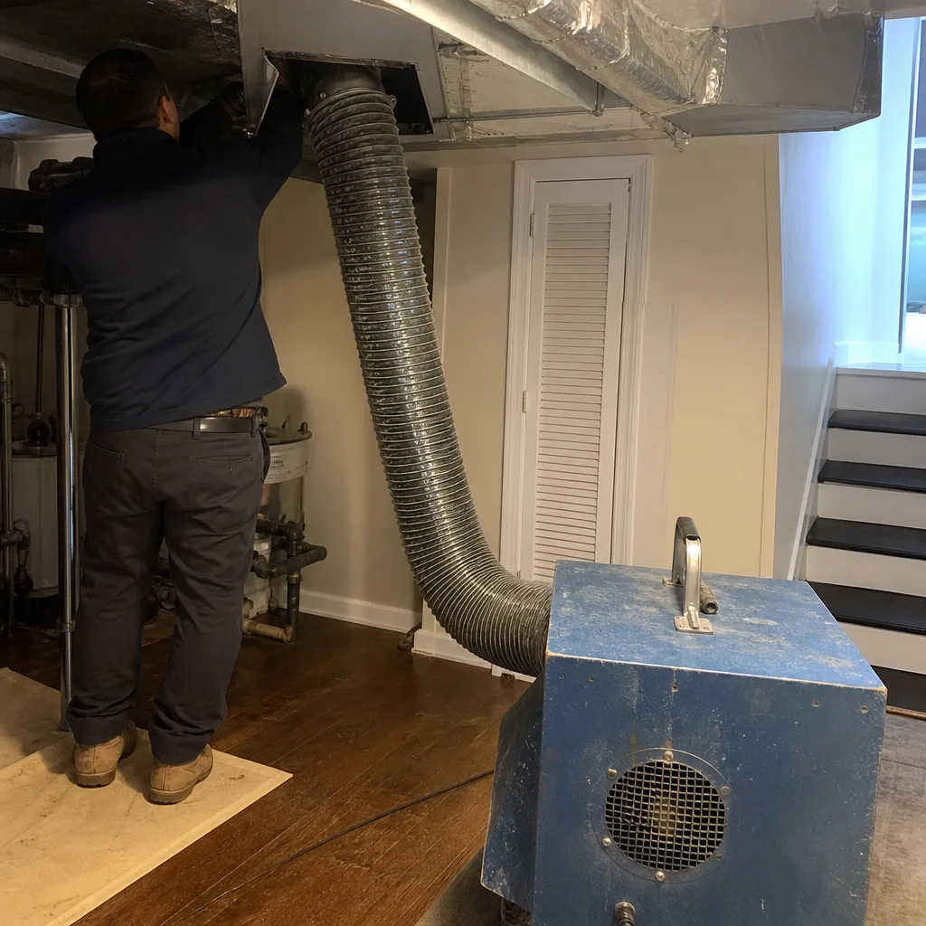 Technician performing professional air duct sealing service on residential HVAC system.