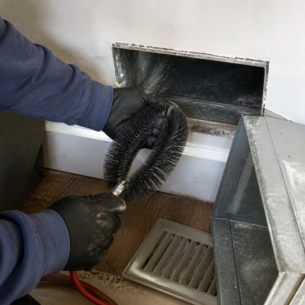 Technician using a rotating duct cleaning brush on a home vent