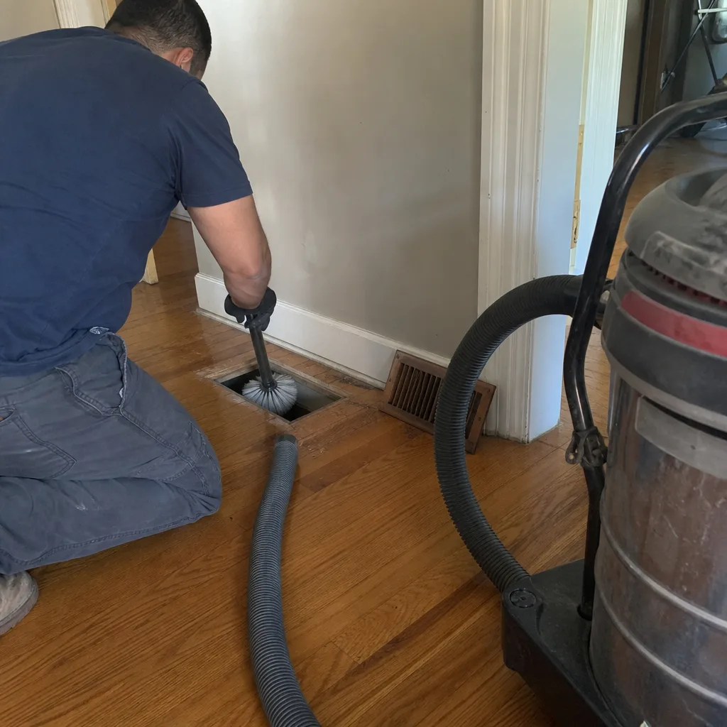 Technician cleaning and sealing an HVAC floor air vent with professional equipment
